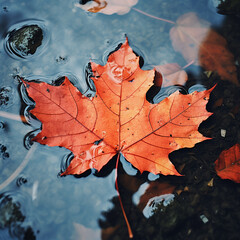 Wall Mural - Orange maple leaf in a puddle. Autumn background. Selective focus.