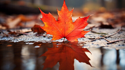 Wall Mural - Orange maple leaf in a puddle. Autumn background. Selective focus.