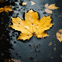Wall Mural - Yellow maple leaf in a puddle. Autumn background. Selective focus.
