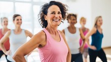 Group Of Mid Aged Ladies Doing Aerobics Exercise In Sport Club, Joyful Women Dancing With Friends In Work Out Studio, With Copy Space.