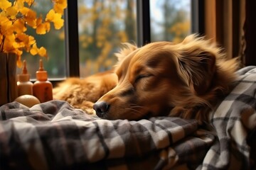 Hygge ambiance with a content dog dozing on a snug windowsill