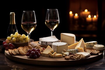 Wine cellar setting with wine glasses and charcuterie