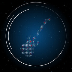 Poster - The guitar symbol filled with white dots. Pointillism style. Some dots is red. Vector illustration on blue background with stars