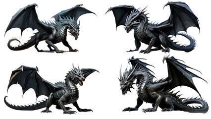 Beautiful majestic black dragon set, opulent on isolated transparent background, PNG file