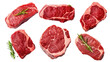 Fresh raw beef steak set isolated on transparent background, top view, PNG