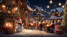 A Busy Night At The North Pole As The Elves Rush To Get Everything Ready For Santa's Big Journey. With A Touch Of Whimsy, They Carefully Place Gifts Onto The Sleigh, Beautiful Christmas Night
