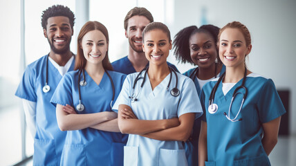 Diverse, experienced nurses happily pose on white background, daylight.