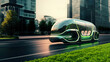 Futuristic sustainable green bus car public transport traffic in the city