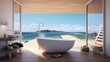 © Summit Art Creations - The interior design of minimal wooden bathroom in white and light brown tone color with the ocean view. Generative AI image AIG30.