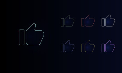 Poster - A set of neon thumb up symbols. Set of different color symbols, faint neon glow. Vector illustration on black background