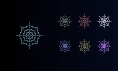 Poster - A set of neon spider web symbols. Set of different color symbols, faint neon glow. Vector illustration on black background