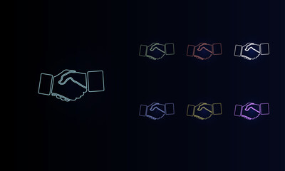 Poster - A set of neon handshake symbols. Set of different color symbols, faint neon glow. Vector illustration on black background