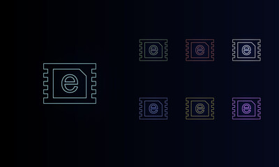 Poster - A set of neon eSIM symbols. Set of different color symbols, faint neon glow. Vector illustration on black background
