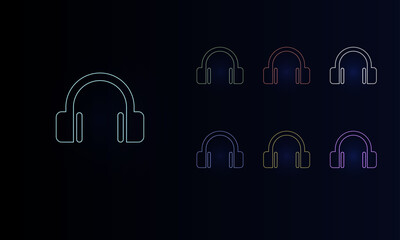 Poster - A set of neon headphones symbols. Set of different color symbols, faint neon glow. Vector illustration on black background