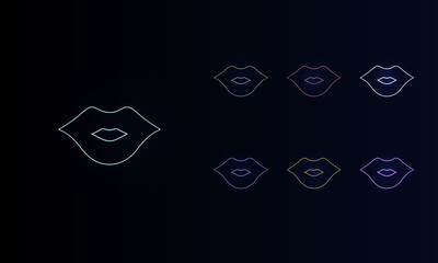 Poster - A set of neon lips symbols. Set of different color symbols, faint neon glow. Vector illustration on black background
