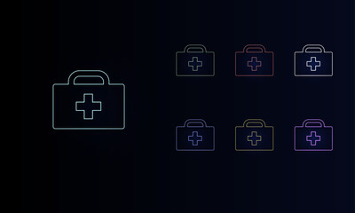 Poster - A set of neon first aid symbols. Set of different color symbols, faint neon glow. Vector illustration on black background