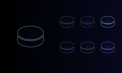 Poster - A set of neon hockey pucks. Set of different color symbols, faint neon glow. Vector illustration on black background