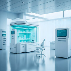 Medical, portray a simple and visually striking image capturing a beautiful futuristic medical laboratory equipped in a simple style with an extremely detailed medical holographic display, advanced di