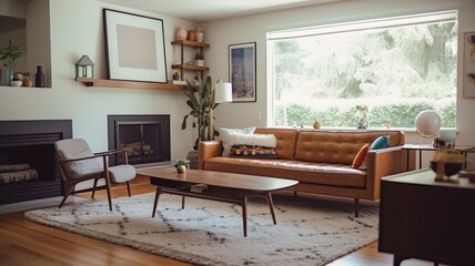 Wall Mural - Living room decor, home interior design . Mid-century Modern Scandinavian style with Fireplace decorated with Wood and Leather material . Generative AI AIG26.