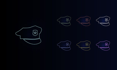 Poster - A set of neon police cap symbols. Set of different color symbols, faint neon glow. Vector illustration on black background