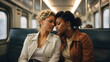 A lesbian couple in love, friends on the train, sitting next to each other