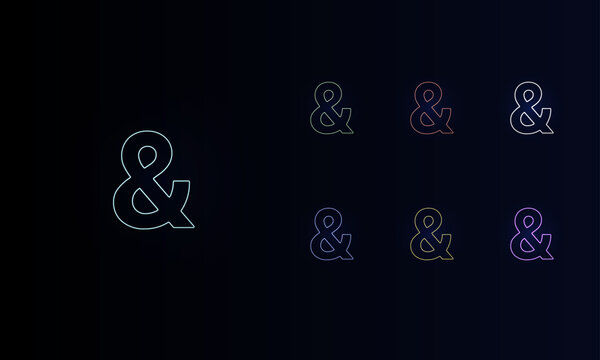 A set of neon ampersand symbols. Set of different color symbols, faint neon glow. Vector illustration on black background
