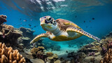 Fototapeta Do akwarium - Sea turtle gracefully swimming through a coral reef, bubbles trailing, underwater clarity