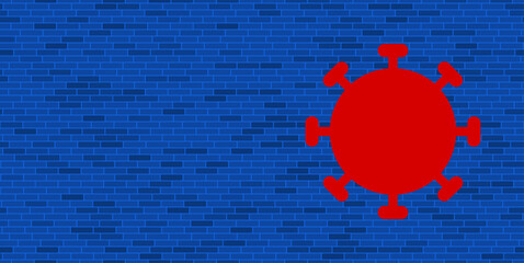 Poster - Blue Brick Wall with large red coronavirus symbol. The symbol is located on the right, on the left there is empty space for your content. Vector illustration on blue background