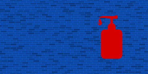 Poster - Blue Brick Wall with large red liquid soap symbol. The symbol is located on the right, on the left there is empty space for your content. Vector illustration on blue background