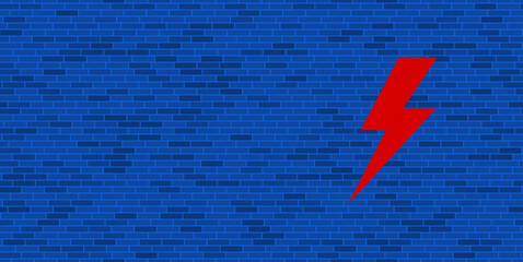 Poster - Blue Brick Wall with large red lightning symbol. The symbol is located on the right, on the left there is empty space for your content. Vector illustration on blue background