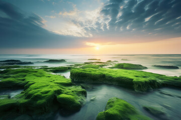 Wall Mural - Beautiful seascape with green moss at sunset. Nature composition.