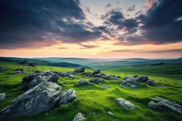 Wall Mural - Beautiful sunset over the mountain meadow. Colorful summer landscape.
