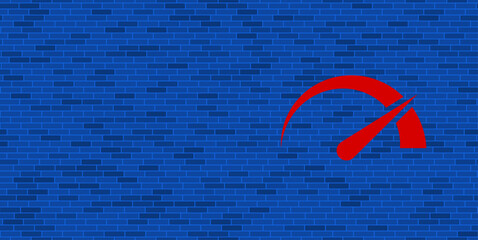 Poster - Blue Brick Wall with large red tachometer symbol. The symbol is located on the right, on the left there is empty space for your content. Vector illustration on blue background