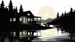 Embrace the tranquility of a charming lakeside cabin silhouette.