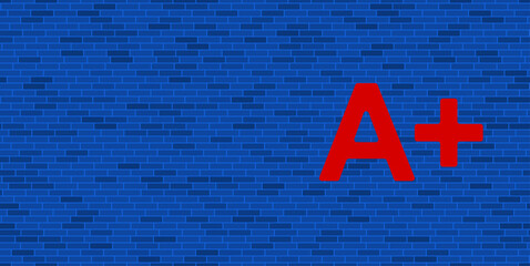 Poster - Blue Brick Wall with large red A plus symbol. The symbol is located on the right, on the left there is empty space for your content. Vector illustration on blue background