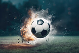 Fototapeta Sport - Soccer ball in fire flames at center of the field.