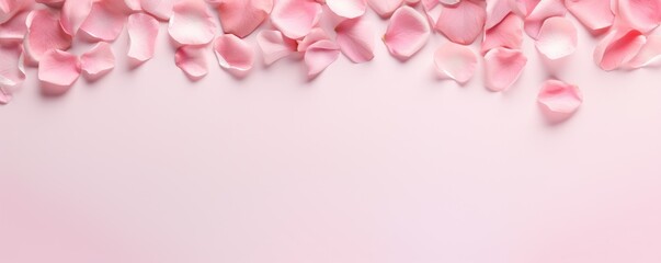 Pink rose petals framing a pastel pink background, concept of romance and Valentine's Day