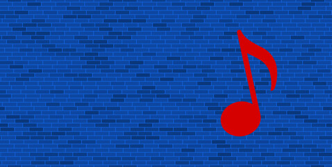 Poster - Blue Brick Wall with large red musical note symbol. The symbol is located on the right, on the left there is empty space for your content. Vector illustration on blue background