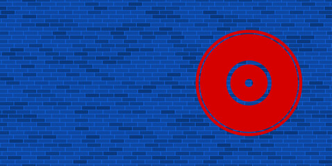 Poster - Blue Brick Wall with large red gramophone record symbol. The symbol is located on the right, on the left there is empty space for your content. Vector illustration on blue background