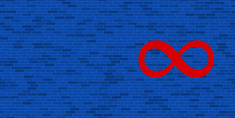 Poster - Blue Brick Wall with large red infinity symbol. The symbol is located on the right, on the left there is empty space for your content. Vector illustration on blue background
