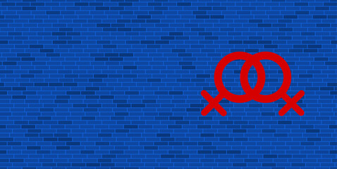 Poster - Blue Brick Wall with large red lesbian symbol. The symbol is located on the right, on the left there is empty space for your content. Vector illustration on blue background