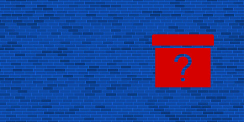 Poster - Blue Brick Wall with large red gift box with a question symbol. The symbol is located on the right, on the left there is empty space for your content. Vector illustration on blue background