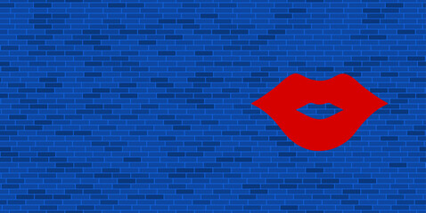 Poster - Blue Brick Wall with large red lips symbol. The symbol is located on the right, on the left there is empty space for your content. Vector illustration on blue background