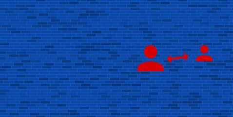 Poster - Blue Brick Wall with large red social distance symbol. The symbol is located on the right, on the left there is empty space for your content. Vector illustration on blue background