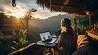 Young woman digital nomad engaging in remote work outside