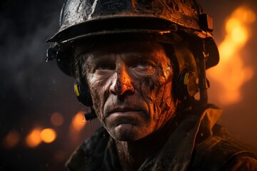 Wall Mural - A powerful environmental portrait of a firefighter in uniform, standing against a backdrop of flames and smoke, highlighting their bravery and dedication