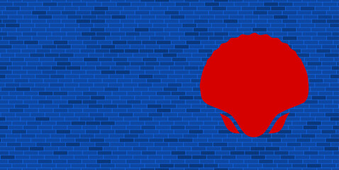 Blue Brick Wall with large red sea shell symbol. The symbol is located on the right, on the left there is empty space for your content. Vector illustration on blue background