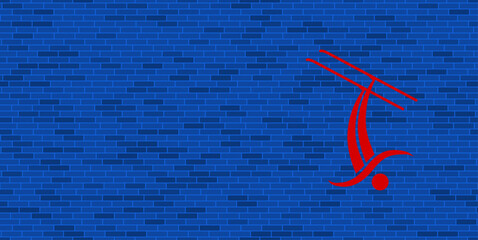 Poster - Blue Brick Wall with large red freestyle skiing symbol. The symbol is located on the right, on the left there is empty space for your content. Vector illustration on blue background