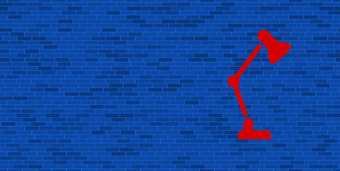 Poster - Blue Brick Wall with large red table lamp symbol. The symbol is located on the right, on the left there is empty space for your content. Vector illustration on blue background