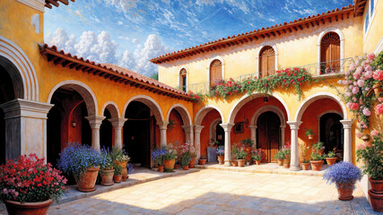 beautiful house surrounded by flowers, mediterranean architecture oil painting on canvas.